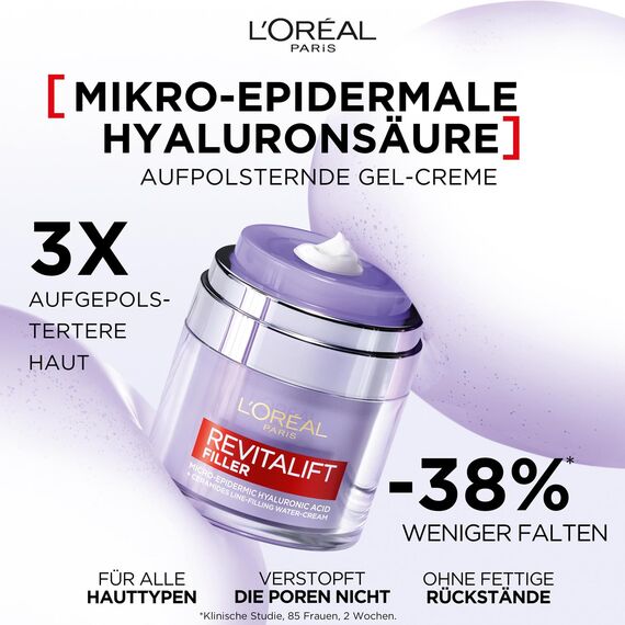 L'Oréal Paris Aufpolsternde Gel-Creme für Frauen: polstert Fältchen intensiv auf mit Hyaluronsäure, Niacinamide, Glycerin und Ceramide, Revitalift Filler, 1x 50ml