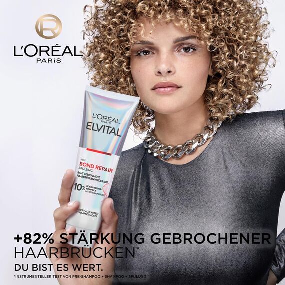 L'Oréal Paris Elvital Bond Repair Spülung, Conditioner gegen Haarschäden, Haarreparatur & Schutz, für weniger Haarbruch, mehr Geschmeidigkeit & Glanz, mit Bond-Repair-Komplex und Zitronensäure,150ml
