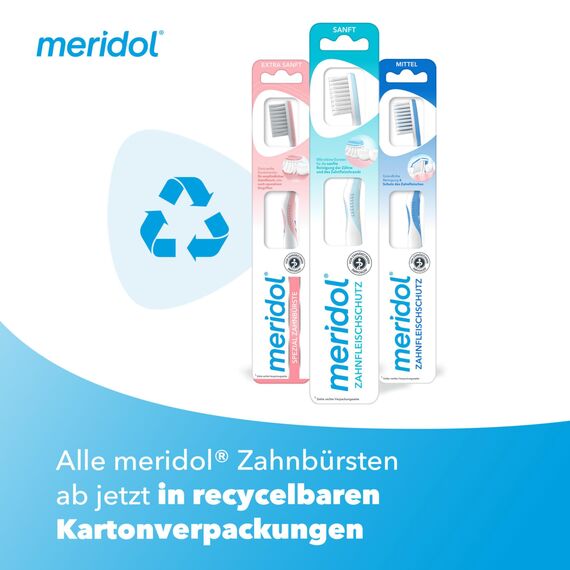 meridol Zahnbürste Zahnfleischschutz, weich, 4 Stück - Handzahnbürste für eine schonende Reinigung von Zähnen am Zahnfleischsaum