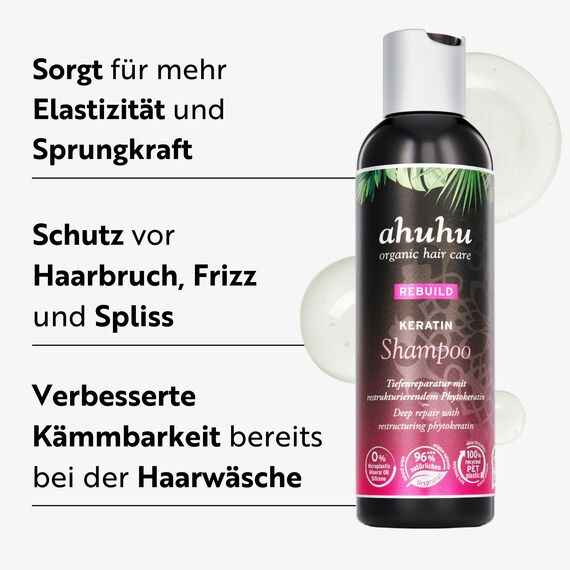 ahuhu REBUILD Keratin Shampoo (200ml) – Shampoo für strapaziertes Haar, intensive Haarpflege mit Phytokeratin, reduziert Frizz & Haarbruch, silikonfrei
