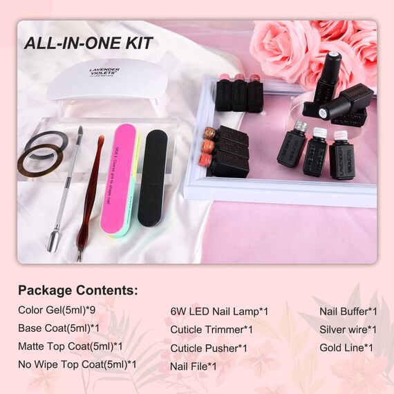 Lavender Violets 19 Stück Gel-Nagellack LED-Nagellampe UV Light Nail Lamp Trockner UV-Basislack matt kein Abwischen silberfarben Soak Off Aufkleber-Werkzeug-Set Hochzeit R960A
