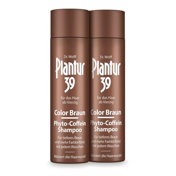 Plantur 39 Color Braun Phyto-Coffein-Shampoo – 2 x 250 ml - für braunes Haar – kaschiert graue Haare – Pflegeshampoo zur Vorbeugung vor menopausalem Haarausfall