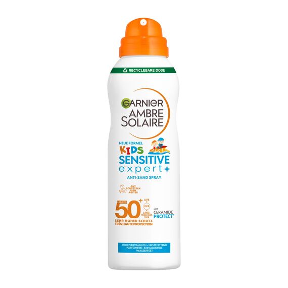 Garnier Sonnenspray LSF 50 für Kinder, Wasserfest und Sandabweisend, Ambre Solaire Kids Sensitive expert+ Anti-Sand Spray LSF 50+, 1 x 150 ml