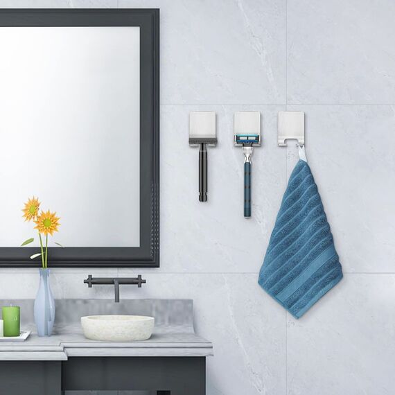 Leryati Rasierer Halterung Dusche, 4 Stück Silber Rasierhalter Dusche Ohne Bohren, Edelstahl Rasierer Halter, Selbstklebende Rasierer aufhänger dusche Geeignet für Tür Wand Badezimmer, Küche