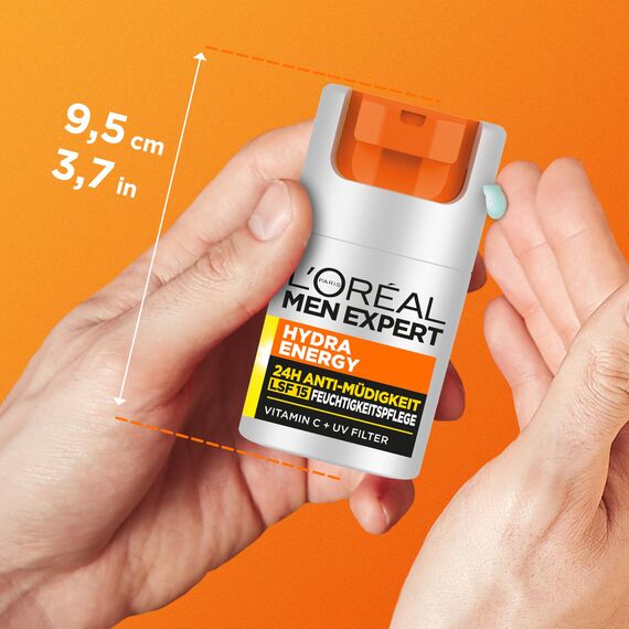 L'Oréal Men Expert Gesichtspflege mit LSF 15 für Männer, Belebende Feuchtigkeitscreme 24H Anti-Müdigkeit mit Sonnenschutz, Gesichtscreme für Herren mit Vitamin C und Proteinen, Hydra Energy, 1 x 50 ml