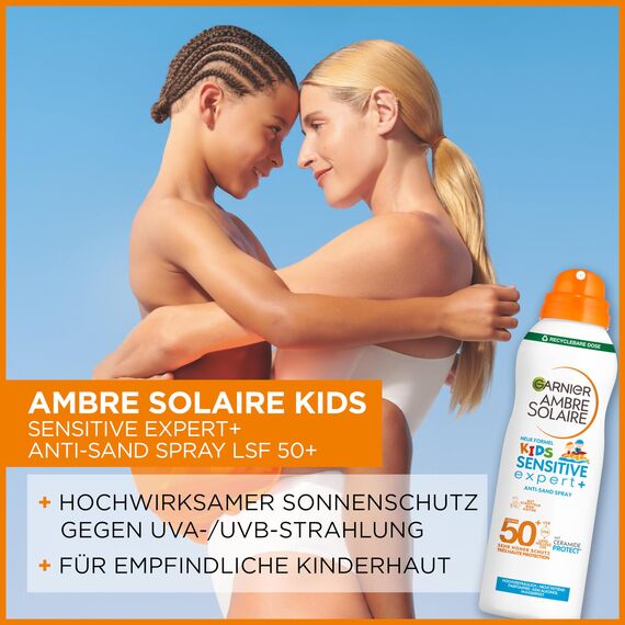 Garnier Sonnenspray LSF 50 für Kinder, Wasserfest und Sandabweisend, Ambre Solaire Kids Sensitive expert+ Anti-Sand Spray LSF 50+, 1 x 150 ml