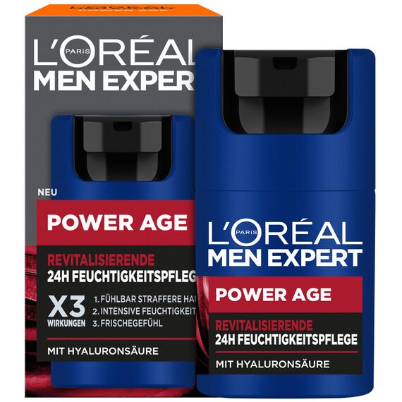L'Oréal Men Expert Pflegeset gegen Falten für Männer, Geschenkset mit Anti-Aging Gesichtscreme und Serum gegen matte Haut, Geschenke für Herren mit Hyaluronsäure, Power Age, 1 x 50 ml, 1 x 30 ml