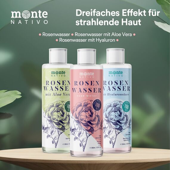Rosenwasser Gesichtswasser Geschenkset Monte Nativo (600ml) - Rose water for face Original, mit Aloe Vera, mit Hyaluron - Gesichtstoner - Gesichtsreinigung - Porenreiniger Gesicht Naturkosmetik