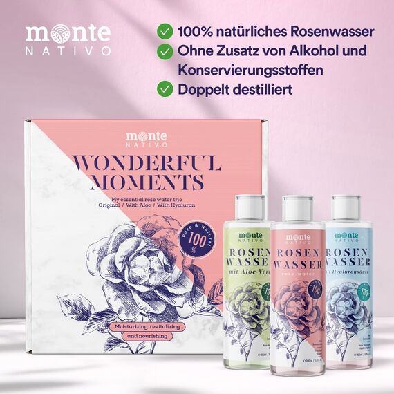 Rosenwasser Gesichtswasser Geschenkset Monte Nativo (600ml) - Rose water for face Original, mit Aloe Vera, mit Hyaluron - Gesichtstoner - Gesichtsreinigung - Porenreiniger Gesicht Naturkosmetik