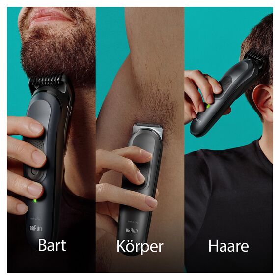 Braun All-In-One Trimmer-Set 7, 17-in-1 Multigroom, Barttrimmer, Nasenhaartrimmer, Haarschneidemaschine für Gesicht, Kopf und Körper, 100 Min Akku, 14 Längen (3–21 mm), Wasserdicht, MGK7491, Schwarz