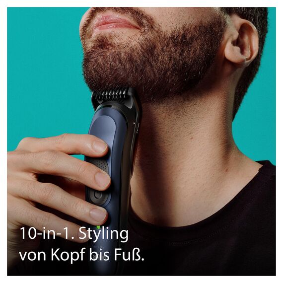 Braun All-In-One Trimmer-Set 7, 10-in-1 Multigroom, Barttrimmer, Nasenhaartrimmer, Haarschneidemaschine für Gesicht, Kopf und Körper, 100 Min. Akku, 14 Längen (3–21 mm), Wasserdicht, MGK7410, Blau