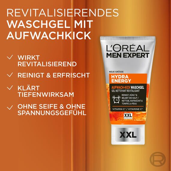 L'Oréal Men Expert Pflegeset gegen müde Haut für Männer, Geschenkset mit Waschgel und Gesichtscreme 24H Anti-Müdigkeit, Geschenke für Herren mit Vitamin C, Hydra Energy, 1 x 100 ml, 1 x 50 ml
