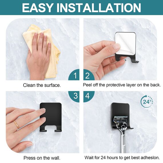 Leryati Rasierer Halterung Dusche, 2 Stück Schwarz Rasierhalter Dusche Ohne Bohren, Edelstahl Rasierer Halter, Selbstklebende Rasierer aufhänger dusche Geeignet für Tür Wand Badezimmer, Küche