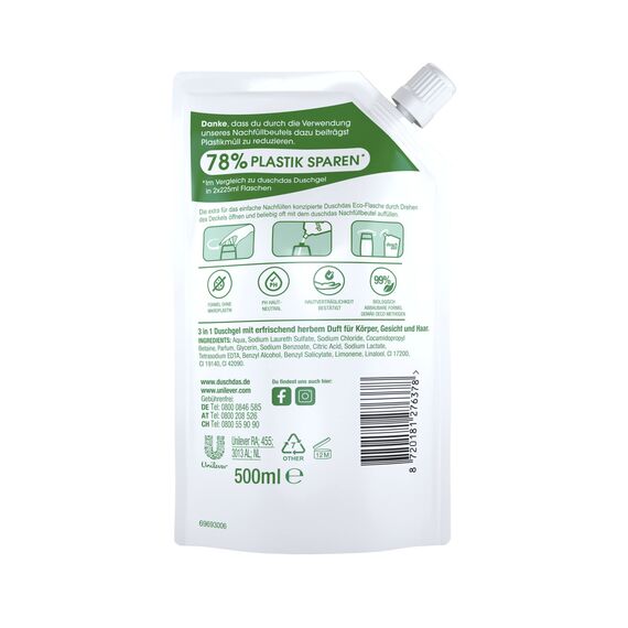 Duschdas 3-in-1 Duschgel & Shampoo For Men Nachfllbeutel Duschbad mit Fresh-Energy-Duftformel sorgt fr einen erfrischenden Start in den Tag 500 ml 1 Stck