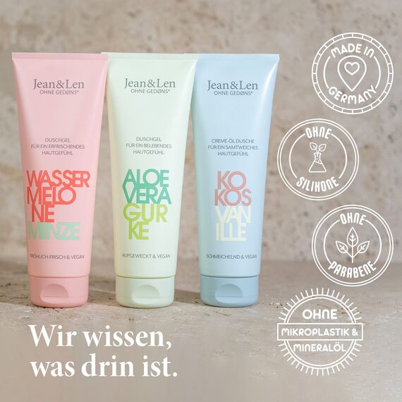 Jean & Len Duschgel Wassermelone & Minze, für alle Hauttypen geeignet, veganer Pflegekomplex, für ein erfrischendes Hautgefühl, pH-hautideal, veganes Duschgel, 250 ml