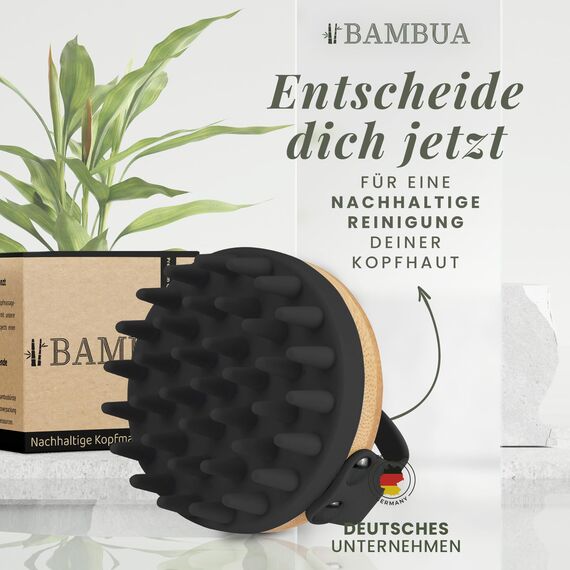 BAMBUA Kopfhaut Massagebürste - (Anti-Schuppen Effekt) Kopfmassage Bürste - Zur Kopfmassage beim Duschen - Premium Scalp Massager - Utensilienset Massage inkl. E-Book „Gesunde Kopfhaut“ (Schwarz)