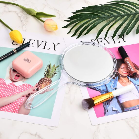 FESSOSKO Handspiegel mit Griff Doppelseitiger Spiegel 1X/3X Vergrößerung Spiegel Kosmetikspiegel Schminkspiegel Runde Form für Damen Tägliche Make-up