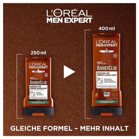 L'Oréal Men Expert Pflegeset für Männer, Geschenkset mit XXL Duschgel und Deoroller, Geschenk für Herren inklusive Bodywash und Deo Roll-On mit Zedernholzöl, Barber Club, 2 x 400 ml, 1 x 50 ml