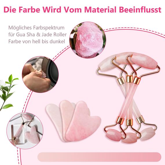 GUGUG Rosenquarz Roller und Gua Sha Stein, Natural Jade Roller for Facial Massage, Face Roller for Eye Puffiness, Skin Tightening