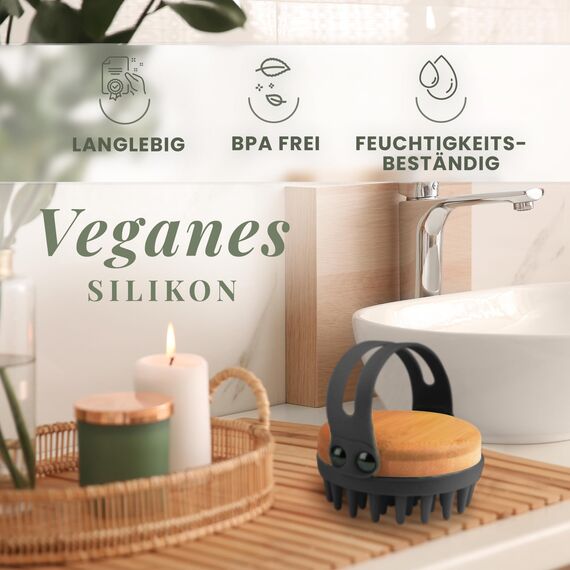 BAMBUA Kopfhaut Massagebürste - (Anti-Schuppen Effekt) Kopfmassage Bürste - Zur Kopfmassage beim Duschen - Premium Scalp Massager - Utensilienset Massage inkl. E-Book „Gesunde Kopfhaut“ (Schwarz)