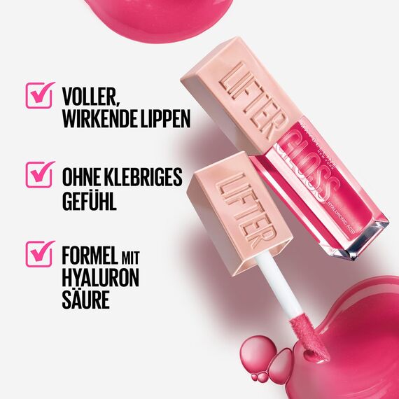 Maybelline New York Glänzender Lipgloss für voller wirkende Lippen, Feuchtigkeitsspendend, Mit Hyaluronsäure, Lifter Gloss Candy Drop, Farbe: Nr. 024 Bubblegum (Pink), 1 x 5,4 ml