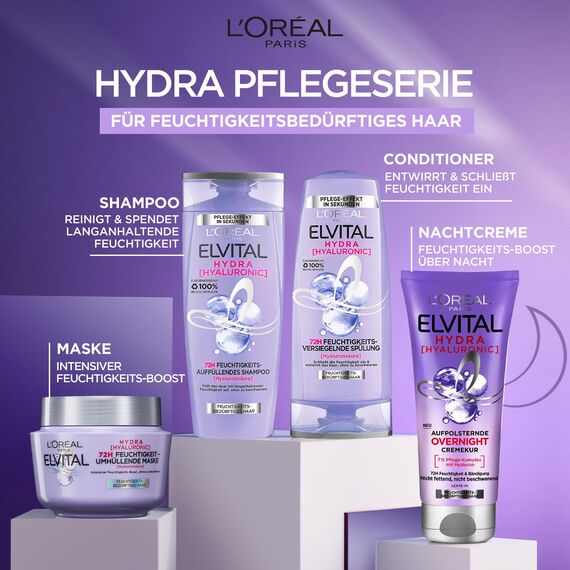 L'Oréal Paris Elvital Hydra Hyaluronic feuchtigkeitsspendende Haarmaske für glänzendes Haar, Leave In für einen Feuchtigkeitsboost & Schutz über Nacht, langanhaltende Feuchtigkeit und Pflege, 200ml