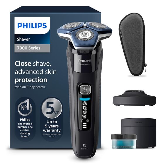 PHILIPS Shaver Series 7000 – Elektrischer Nass- und Trockenrasierer für Herren mit ausklappbarem Trimmer, Reinigungsstation, Ladestation & Reiseetui (Modell S7886/55)