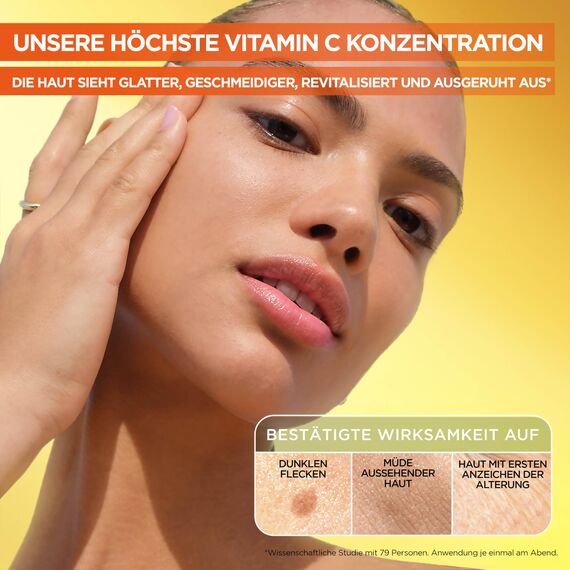 Garnier SkinActive Vitamin C Glow Booster Nachtserum: 10% pures Vitamin C & Hyaluronsäure für strahlende, glatte Haut. Regeneriert im Schlaf, mildert Linien & Pigmentflecken. Vegan & nachhaltig.