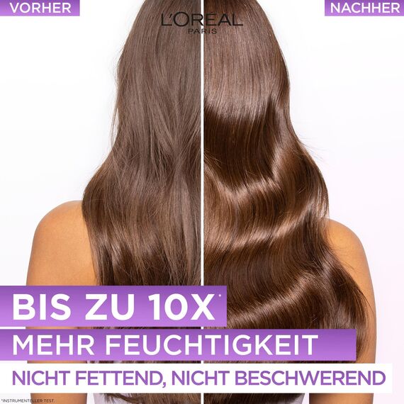 L'Oréal Paris Elvital Hydra Hyaluronic feuchtigkeitsspendende Haarmaske für glänzendes Haar, Leave In für einen Feuchtigkeitsboost & Schutz über Nacht, langanhaltende Feuchtigkeit und Pflege, 200ml