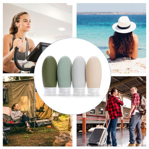 4 Stück 100ml Silikon Reiseflaschen Set mit Etiketten, Opret Auslaufsicher Nachfüllbare Leer Reisegröße Behälter Reiseflaschen zum befüllen Kosmetik Shampoo Flüssigkeiten, BPA-frei und TSA-Geprüft