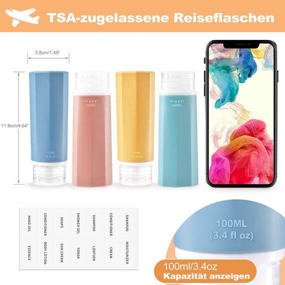 Opret 4 Stück Silikon Reiseflaschen Set, 100ml Reiseflaschen zum Befüllen Kosmetik Shampoo Flüssigkeiten, Auslaufsicher Nachfüllbare Leer Reiseset Reisegröße Behälter Travel Bottles Set Travel Kit