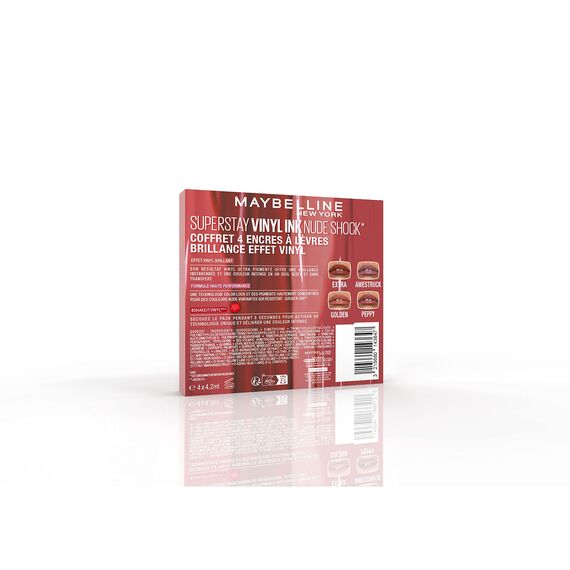 Maybelline New-York SuperStay Vinyl Ink Nude Shock Flüssiger Lippenstift, 4-farbiges Set, Vinyl-Effekt, glänzend, langanhaltend