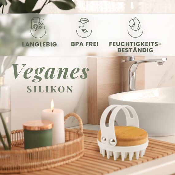 BAMBUA Kopfhaut Massagebürste - (Anti-Schuppen Effekt) Kopfmassage Bürste - Zur Kopfmassage beim Duschen - Premium Scalp Massager - Utensilienset Massage inkl. E-Book „Gesunde Kopfhaut“ (Weiß)