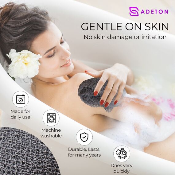 Adeton Afrikanischer Netzschwamm, authentisch, echt, schwarz, Peeling-Bad-Waschlappen, langer Schwamm, Körperpeeling, Sapo, Duschbadzubehör, Rückenschalpeling, flacher Hautentferner (grau)