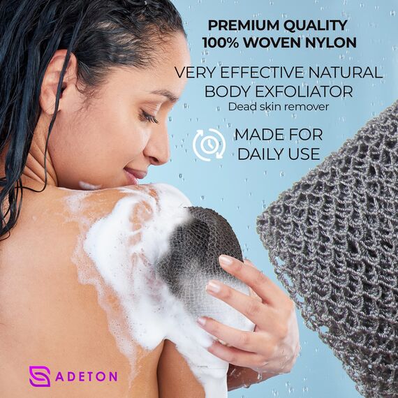 Adeton Afrikanischer Netzschwamm, authentisch, echt, schwarz, Peeling-Bad-Waschlappen, langer Schwamm, Körperpeeling, Sapo, Duschbadzubehör, Rückenschalpeling, flacher Hautentferner (grau)