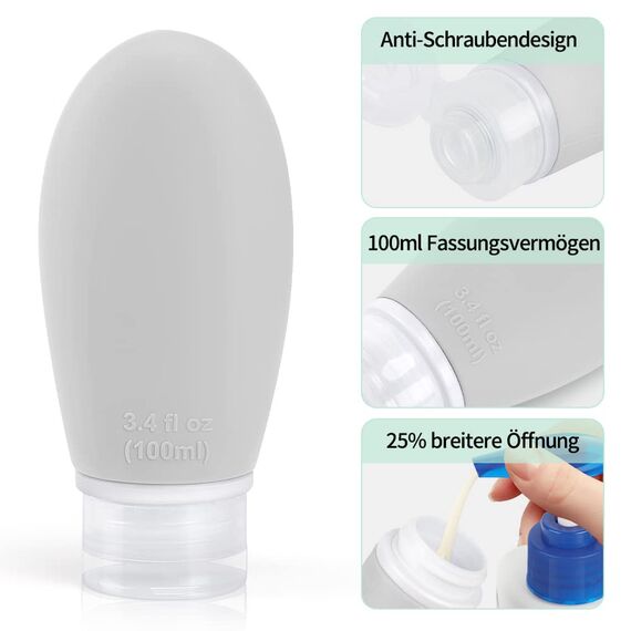 Opret 100ml Silikon Reiseflaschen Set, 4 Stück Auslaufsicher Nachfüllbare Portable Reise Container für Shampoo Creme Spülung, BPA-frei und TSA-geprüft