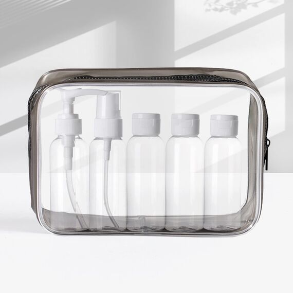 KEYRI Kulturbeutel Transparent Reiseflaschen zum Befüllen Leere Reiseflaschen Set mit Kulturtasche für Flüssigkeiten Auslaufsicher Reiseset Flaschen für Kosmetik Flugzeug (Schwarz)