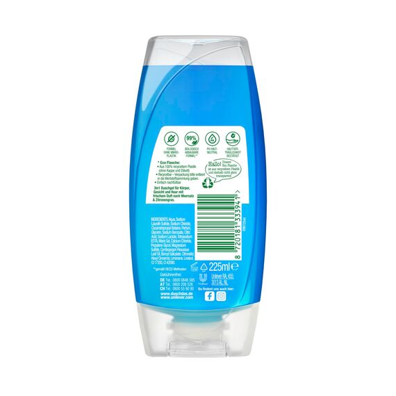 Duschdas 3-in-1 Duschgel & Shampoo Sport Kalte Dusche Limited Edition Duschbad mit Meersalz- und Zitronengrasduft 6 x 225 ml