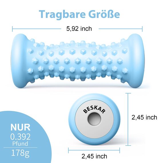 BESKAR Fußmassagerolle für Plantarfasziitis, Tragbarer Gummi Massagerolle zur Linderung Fußgewölbe-Schmerzen, Fuß-Triggerpunkttherapie & Tiefengewebemuskel, Fuß-Reflexzonenmassage, Blau