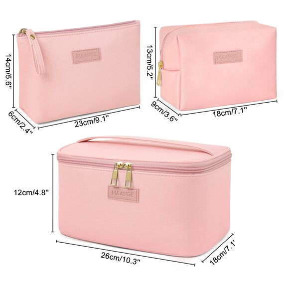 MAANGE 3 Stück Kosmetiktasche (L+M+S), Groß Schminktasche für Damen PU Leder Reise Kosmetiktaschen Kleine Make Up Tasche für Handtasche mit Fächern, Rosa