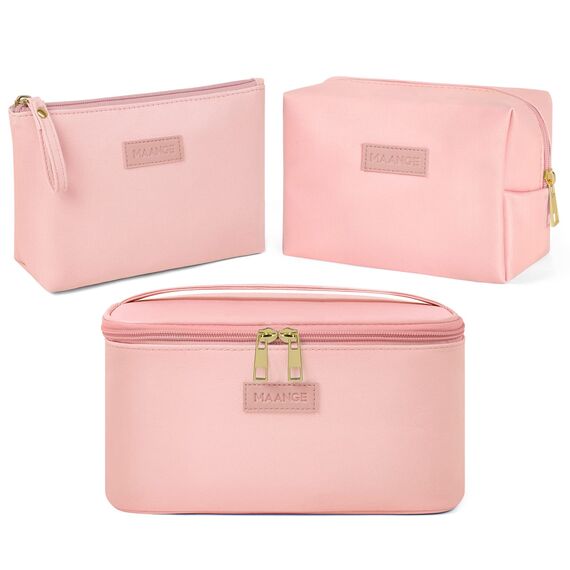 MAANGE 3 Stück Kosmetiktasche (L+M+S), Groß Schminktasche für Damen PU Leder Reise Kosmetiktaschen Kleine Make Up Tasche für Handtasche mit Fächern, Rosa