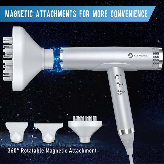 Slopehill Ionen Haartrockner, 110,000RPM Bürstenloser Motor Schnelles Trocknen Föhn mit Magnetischer Diffusor, Wenig Lärm/Biokeramische Technologie, für Zuhause, Reisen, Salon (Hellgrau）1