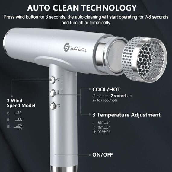 Slopehill Ionen Haartrockner, 110,000RPM Bürstenloser Motor Schnelles Trocknen Föhn mit Magnetischer Diffusor, Wenig Lärm/Biokeramische Technologie, für Zuhause, Reisen, Salon (Hellgrau）1