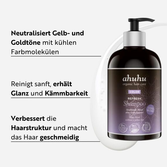 ahuhu COLOR REFRESH Shampoo Cool Blond (500ml) – Silbershampoo Anti Gelbstich für blondes & graues Haar, Feuchtigkeit & Haarpflege, vegan & silikonfrei