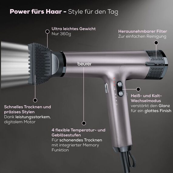 Beurer HC 100 Excellence Haartrockner, Föhn mit kraftvollem Digitalmotor, trocknet bis zu 20% schneller, leichtes Gewicht, besonders leise, Ionenfunktion für glänzendes Haar, inkl. Volumendiffusor