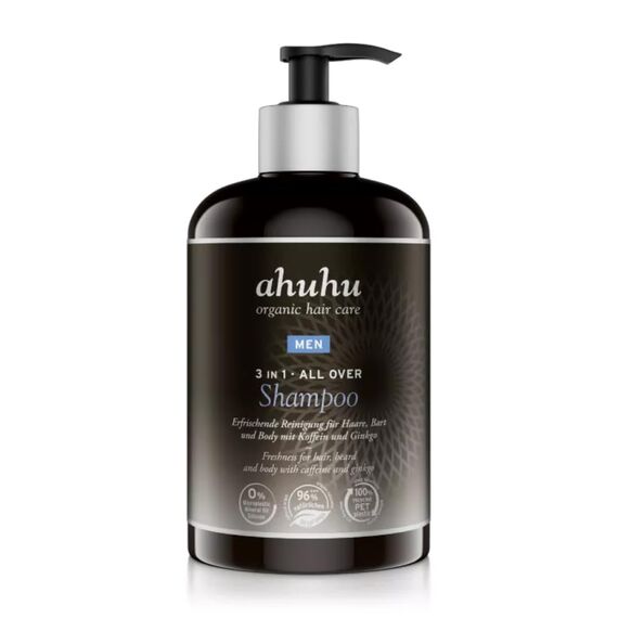 ahuhu MEN 3 in 1 ALL OVER Shampoo XXL (500ml) - All-in-One Männer Shampoo für Haare, Bart und Körper, pflegt Haare & Bart angenehm weich mit Koffein, Hyluaronsäure & Gingko, vegane Haarpflege