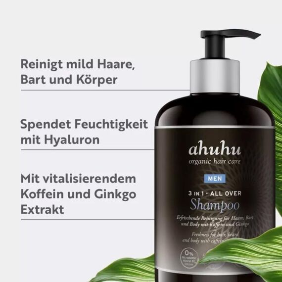 ahuhu MEN 3 in 1 ALL OVER Shampoo XXL (500ml) - All-in-One Männer Shampoo für Haare, Bart und Körper, pflegt Haare & Bart angenehm weich mit Koffein, Hyluaronsäure & Gingko, vegane Haarpflege