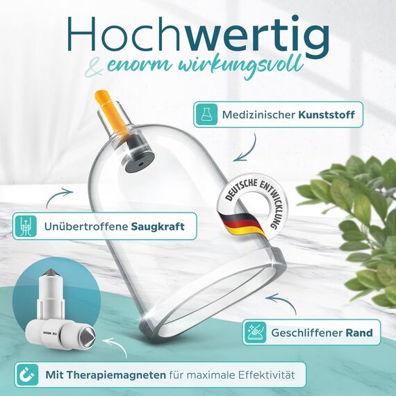 KURGLAS Schröpfgläser mit Vakuumpumpe [24 Stück] - Medizinische Schröpfen mit Therapiemagneten & Faszienschaber - Schröpfset mit e-Book - Schröpfglas aus Kunststoff - Gegen Verspannungen & Cellulite