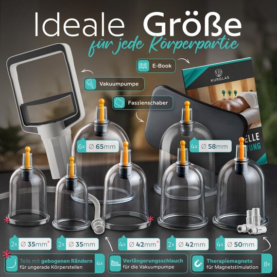 KURGLAS Schröpfgläser mit Vakuumpumpe [24 Stück] - Medizinische Schröpfen mit Therapiemagneten & Faszienschaber - Schröpfset mit e-Book - Schröpfglas aus Kunststoff - Gegen Verspannungen & Cellulite