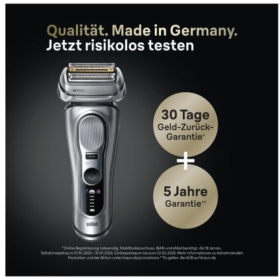 Braun Series 9 Pro+ Rasierer Herren, Elektrorasierer mit 5 Pro Rasierelementen, Langhaarschneider & Reinigungsstation, Rasierer-Ladeetui PowerCase, 60 Min Laufzeit, Made in Germany, 9577cc, Silber